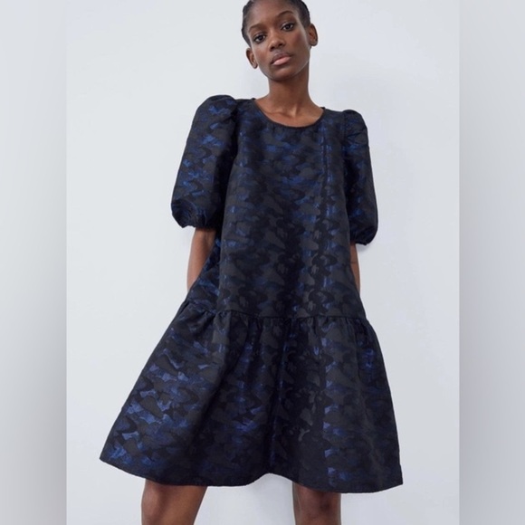 NWT ZARA Women’s Blue Black Camo Jacquard Volume Cool Dress XS X-Small Medium M - Picture 9 of 13